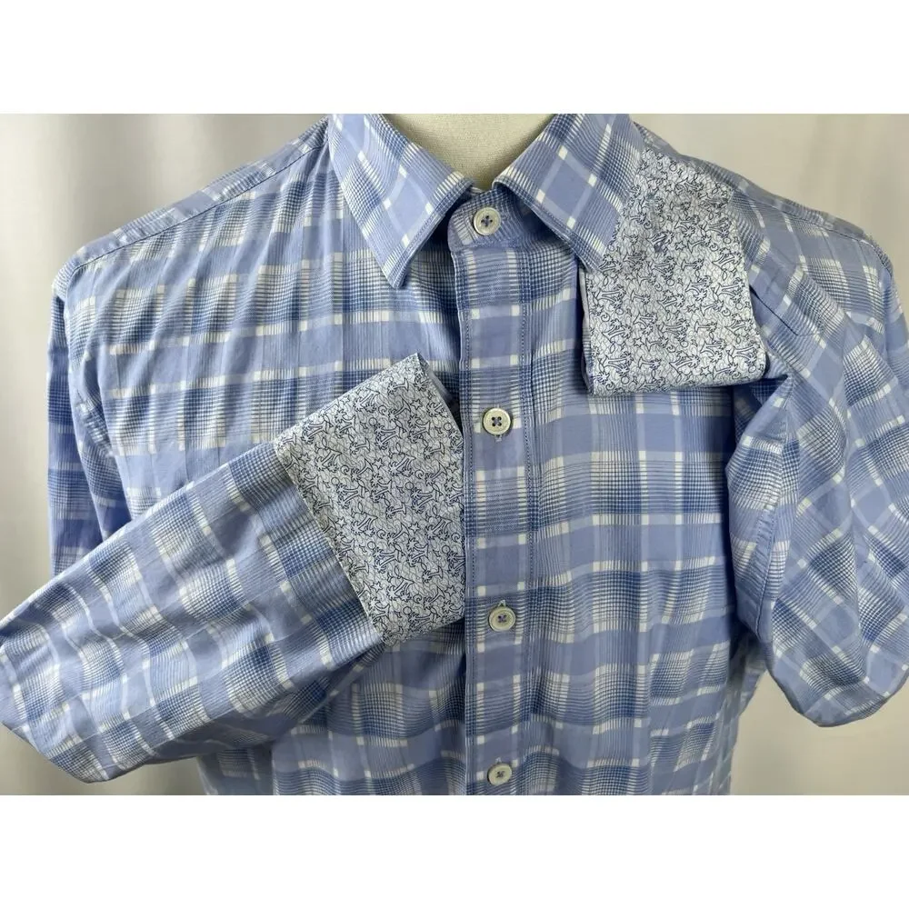 Bugatchi White & Blue Plaid Casual Button Down Shirt - Size Large - Classic Fit